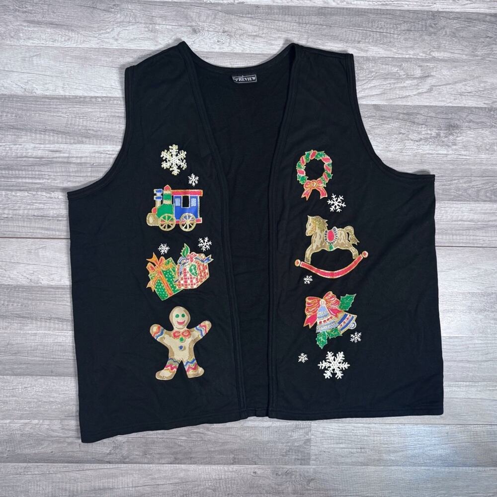 Vintage Christmas Vest Open Black Gingerbread Holiday Grandma Core Plus Size